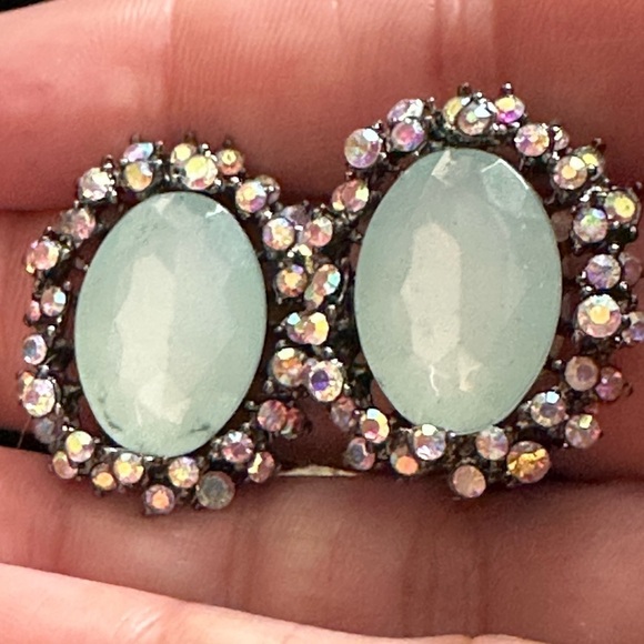 Clip On Earrings Blue Glass & Aurora Borealis Crystals Gun Metal Oval 1’ 3373 B - Picture 4 of 10